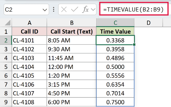 =TIMEVALUE(B2:B9) in C2
