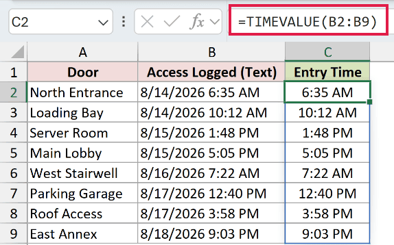 =TIMEVALUE(B2:B9) in C2