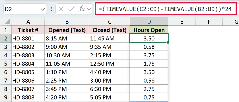 =(TIMEVALUE(C2:C9)-TIMEVALUE(B2:B9))*24 in D2