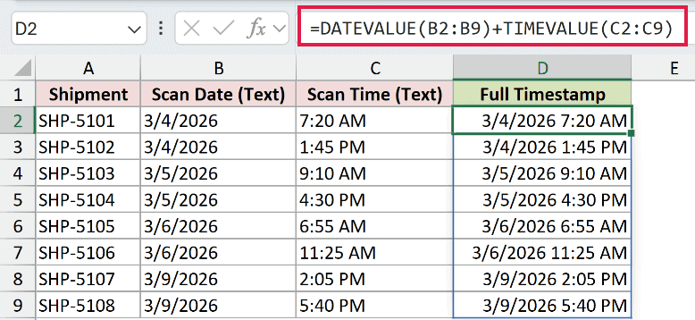 =DATEVALUE(B2:B9)+TIMEVALUE(C2:C9) in D2