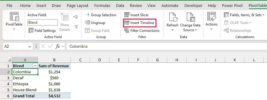 PivotTable Analyze tab with the Insert Timeline button