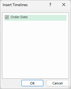 Insert Timelines dialog with Order Date checked