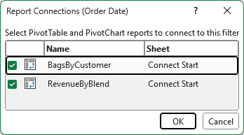 Report Connections dialog listing both PivotTables