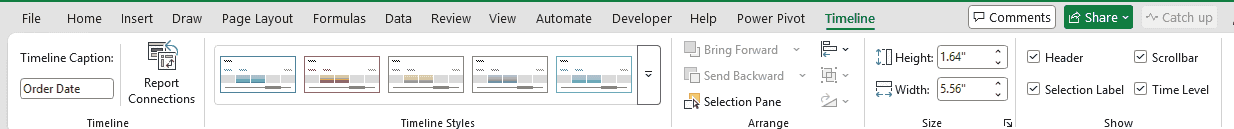Timeline tab with styles, Show options, and size settings