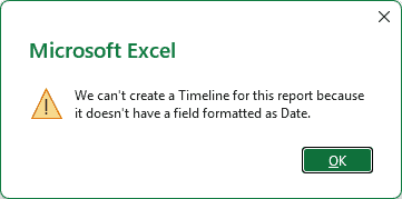 Excel error saying the report has no field formatted as Date