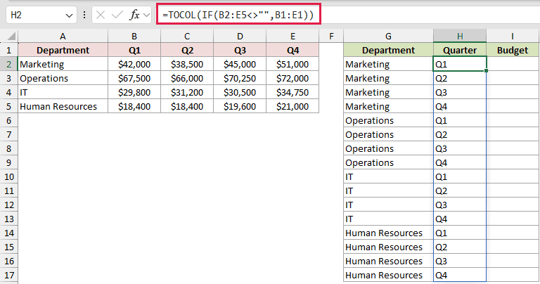 =TOCOL(IF(B2:E5<>"",B1:E1)) in H2