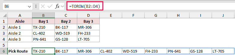 =TOROW(B2:D4) in B6