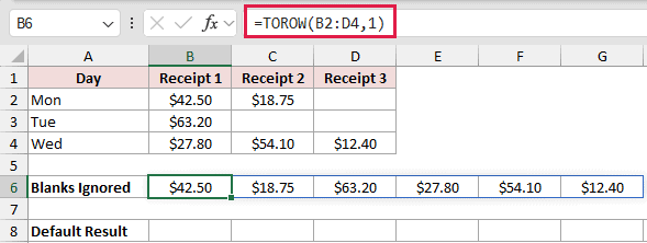 =TOROW(B2:D4,1) in B6
