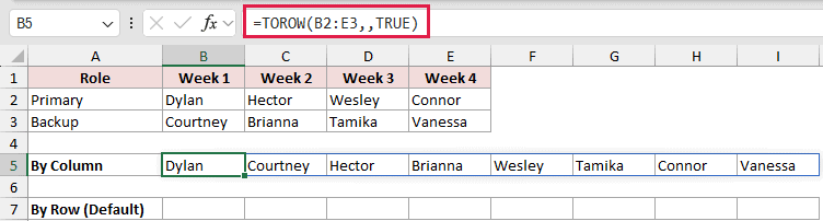 =TOROW(B2:E3,,TRUE) in B5