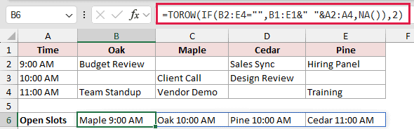 =TOROW(IF(B2:E4="",B1:E1&" "&A2:A4,NA()),2) in B6