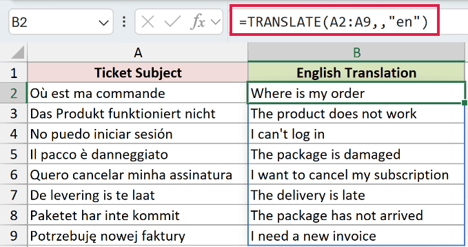 =TRANSLATE(A2:A9,,"en") in B2