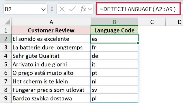 =DETECTLANGUAGE(A2:A9) in B2