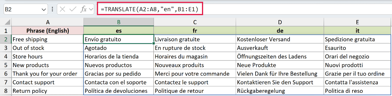 =TRANSLATE(A2:A8,"en",B1:E1) in B2