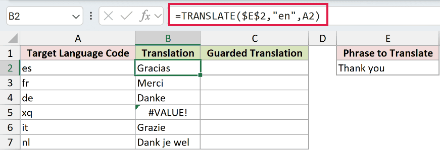 =TRANSLATE($E$2,"en",A2) in B2