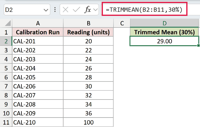 =TRIMMEAN(B2:B11,30%) in D2