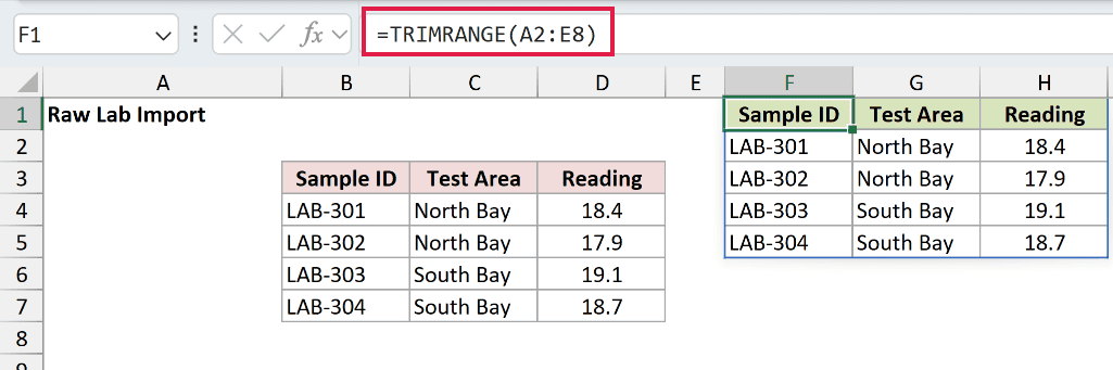 =TRIMRANGE(A2:E8) in F1