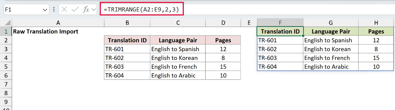 =TRIMRANGE(A2:E9,2,3) in F1