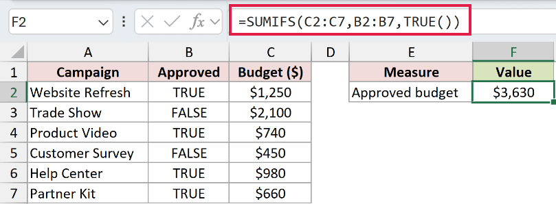 =SUMIFS(C2:C7,B2:B7,TRUE()) in F2