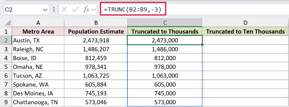 =TRUNC(B2:B9,-3) in C2