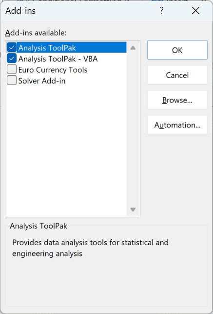 Excel Add-ins dialog where Analysis ToolPak can be enabled