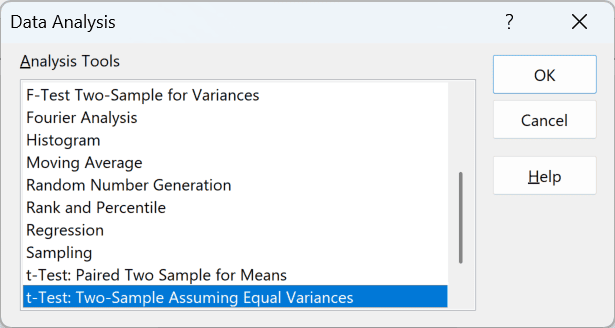 Two-Sample Assuming Equal Variances selected in the Data Analysis dialog