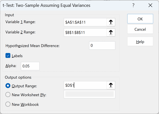 Two-sample t-test dialog configured for the control and treatment scores