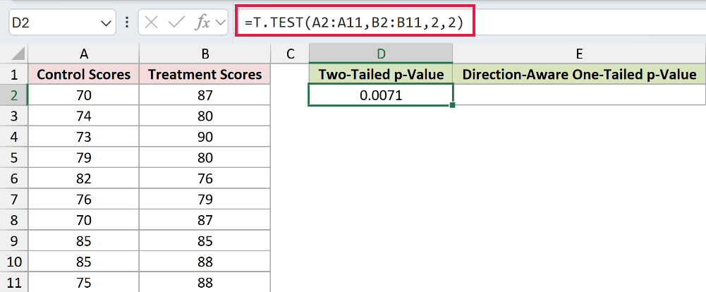 T.TEST formula returning the two-tailed p-value