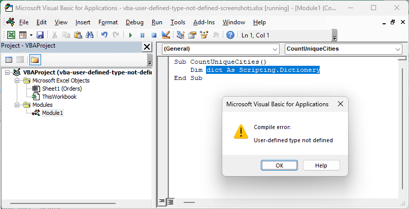 Compile error: User-defined type not defined with the Dim line highlighted