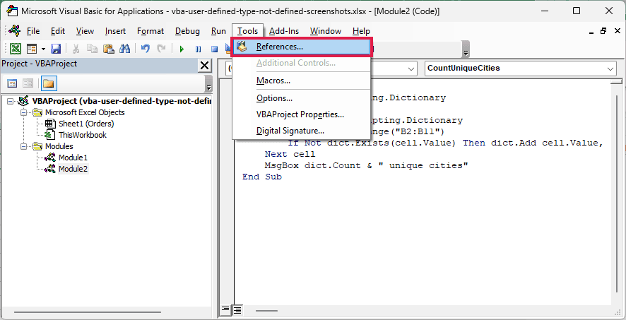 Tools menu in the VB Editor with References highlighted