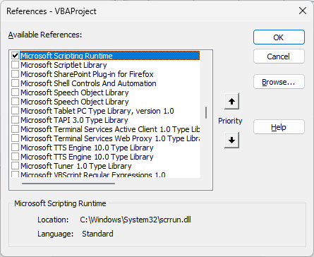 References dialog with Microsoft Scripting Runtime checked