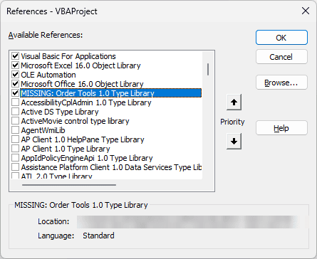 References dialog showing a checked MISSING reference