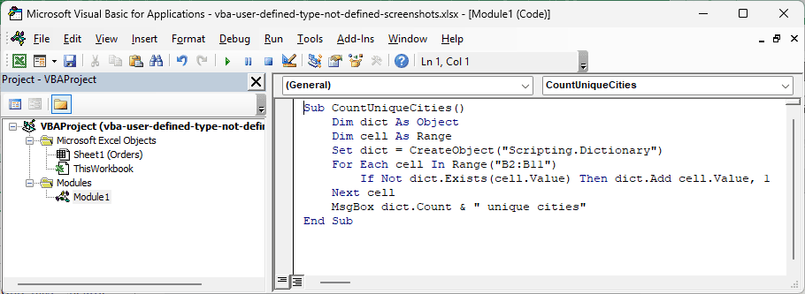 Late-bound Dictionary macro in the VB Editor using CreateObject