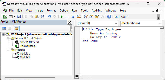 Public Type Employee declared at the top of a standard module