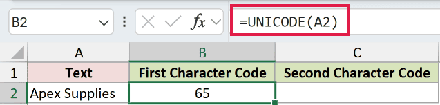 =UNICODE(A2) in B2