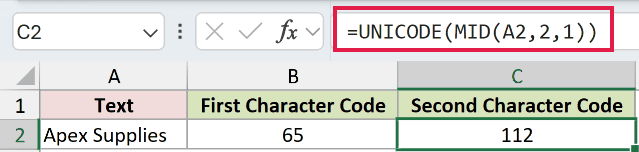 =UNICODE(MID(A2,2,1)) in C2