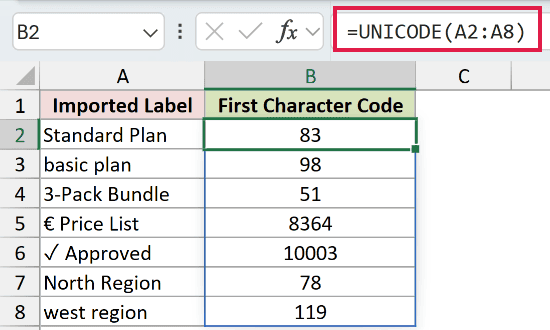 =UNICODE(A2:A8) in B2