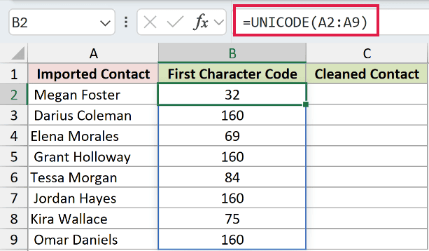 =UNICODE(A2:A9) in B2