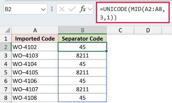 =UNICODE(MID(A2:A8,3,1)) in B2