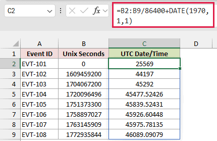 Formula =B2:B9/86400+DATE(1970,1,1) in C2 spilling Excel date serial numbers such as 25569 and 44197 down column C