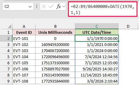 Formula =B2:B9/86400000+DATE(1970,1,1) converting Unix milliseconds to UTC dates and times