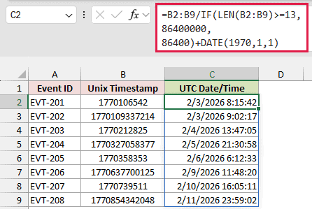 Formula using IF and LEN to pick the right divisor for each mixed Unix timestamp