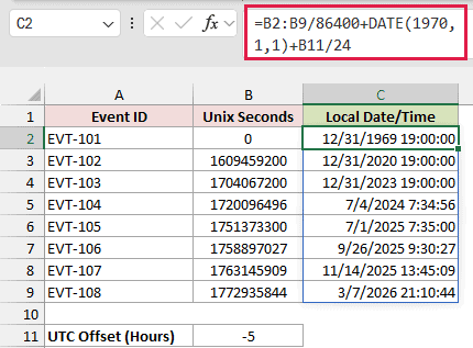 Formula =B2:B9/86400+DATE(1970,1,1)+B11/24 returning local date and time five hours behind UTC