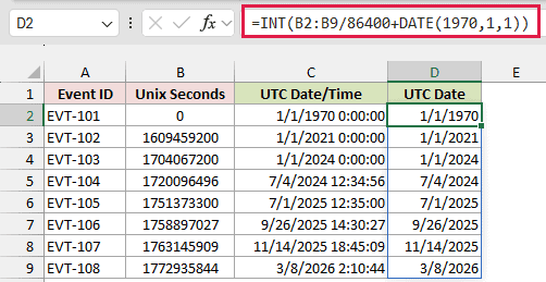 INT formula in D2 returning only the date part of each converted Unix timestamp