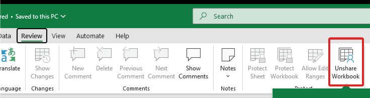 Legacy shared file: the title bar reads Budget.xlsx · Shared · Saved to this PC and Unshare Workbook is available on Review > Protect