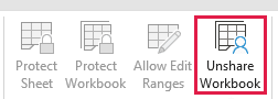 Review > Protect group on a legacy shared file, with Unshare Workbook enabled and highlighted