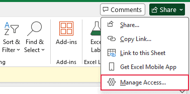 Share menu in desktop Excel with Manage Access highlighted