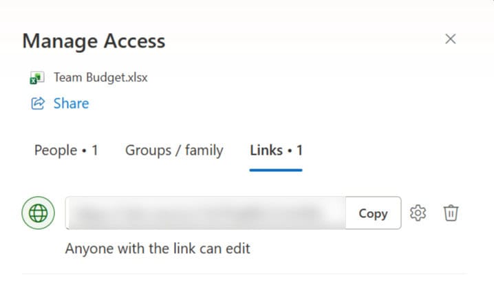 Manage Access panel on the Links tab, showing an active sharing link that can be removed