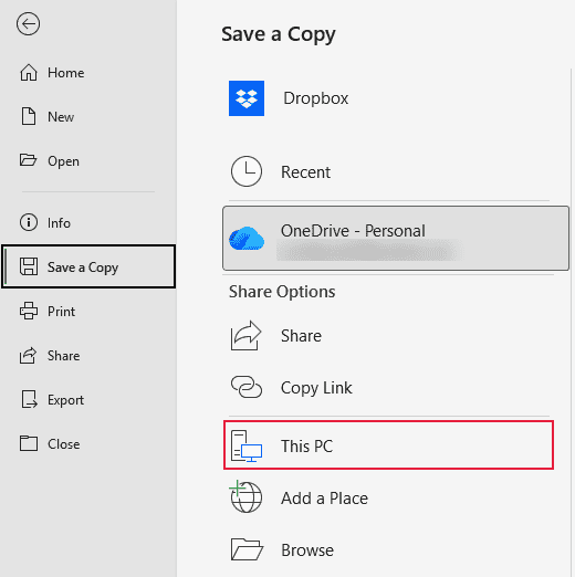 File > Save a Copy with This PC highlighted