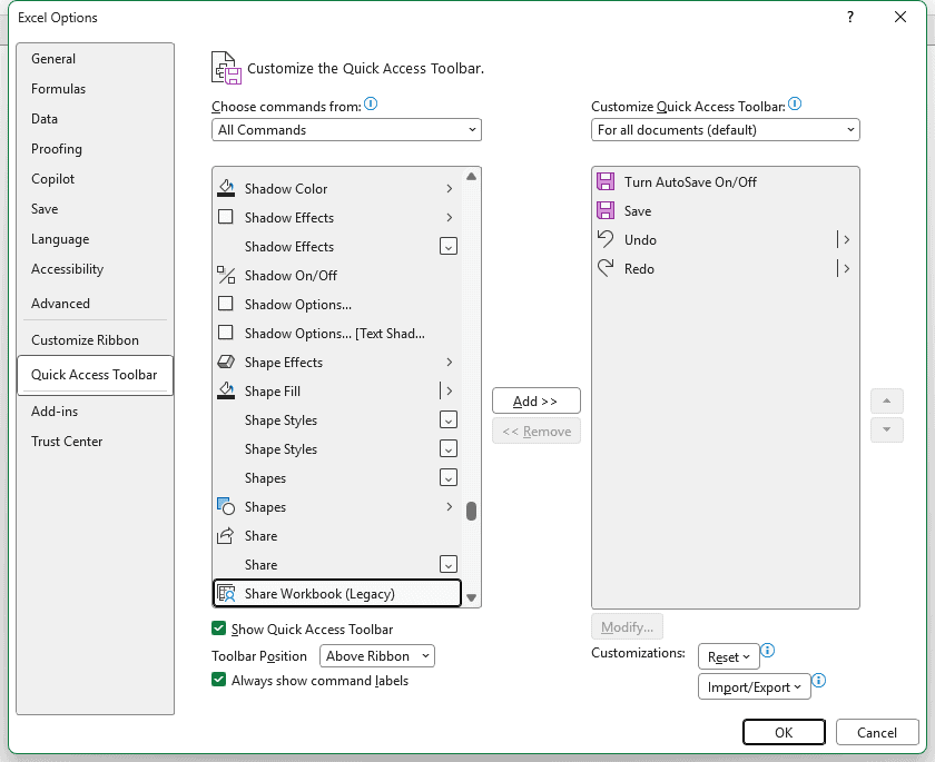 Excel Options > Quick Access Toolbar with All Commands chosen and Share Workbook (Legacy) selected