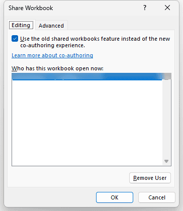 Share Workbook (Legacy) dialog on the Editing tab, with the sharing checkbox ticked